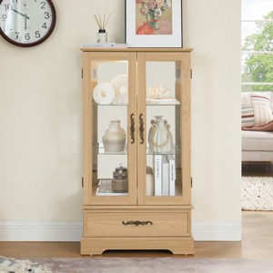 Small Lighted Curio Cabinet with Glass Doors, MDF Wood Display Cabinet with Adjustable Shelves, 2 Glass Doors and 1 Drawer - Koiai - 1 of 4