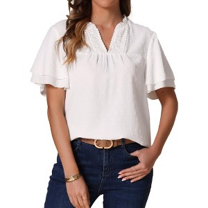 INSPIRE CHIC Women's V Neck Ruffle Short Sleeve Dressy Casual Top - 1 of 4