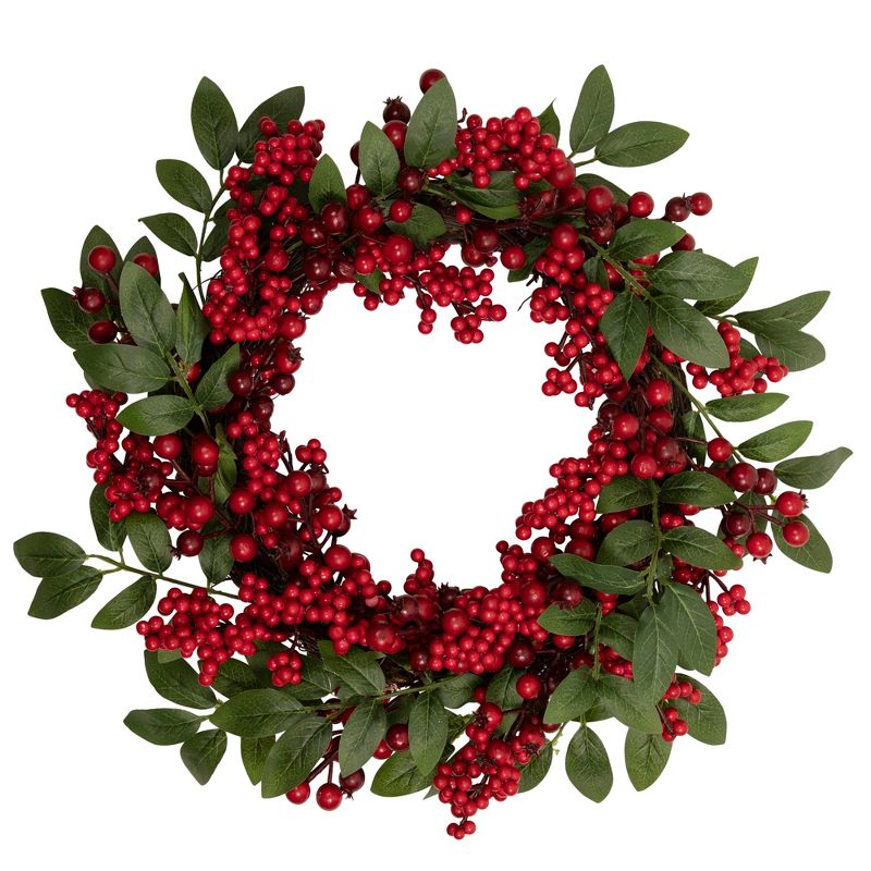 Northlight 18" Unlit Artificial Lush Red Berry and Deep Green Leaf Christmas Wreath, 1 of 5