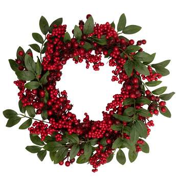 Northlight 18" Unlit Artificial Lush Red Berry and Deep Green Leaf Christmas Wreath
