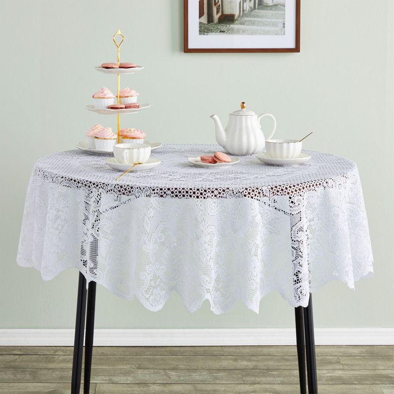 Juvale Round White Lace Vintage Tablecloth, Floral Pattern for Wedding Reception, Christmas Party (59 In), 3 of 9