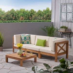 Christopher Knight Home Brava Outdoor Acacia Wood 3 Seater Sofa and Coffee Table Set with Cushions - 1 of 4