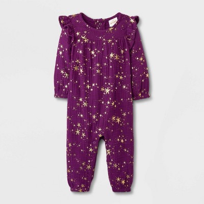 Image of Baby Girls' Star Gauze Romper - Cat & Jack™ Purple Newborn