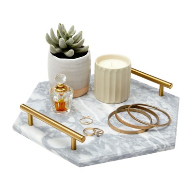 Hexagon Marble Serving Tray, Jewelry Trinket Tray, Perfume Tray, Bathroom Toilet Vanity Tray with Gold Handle (11.8"x10"x0.4")
