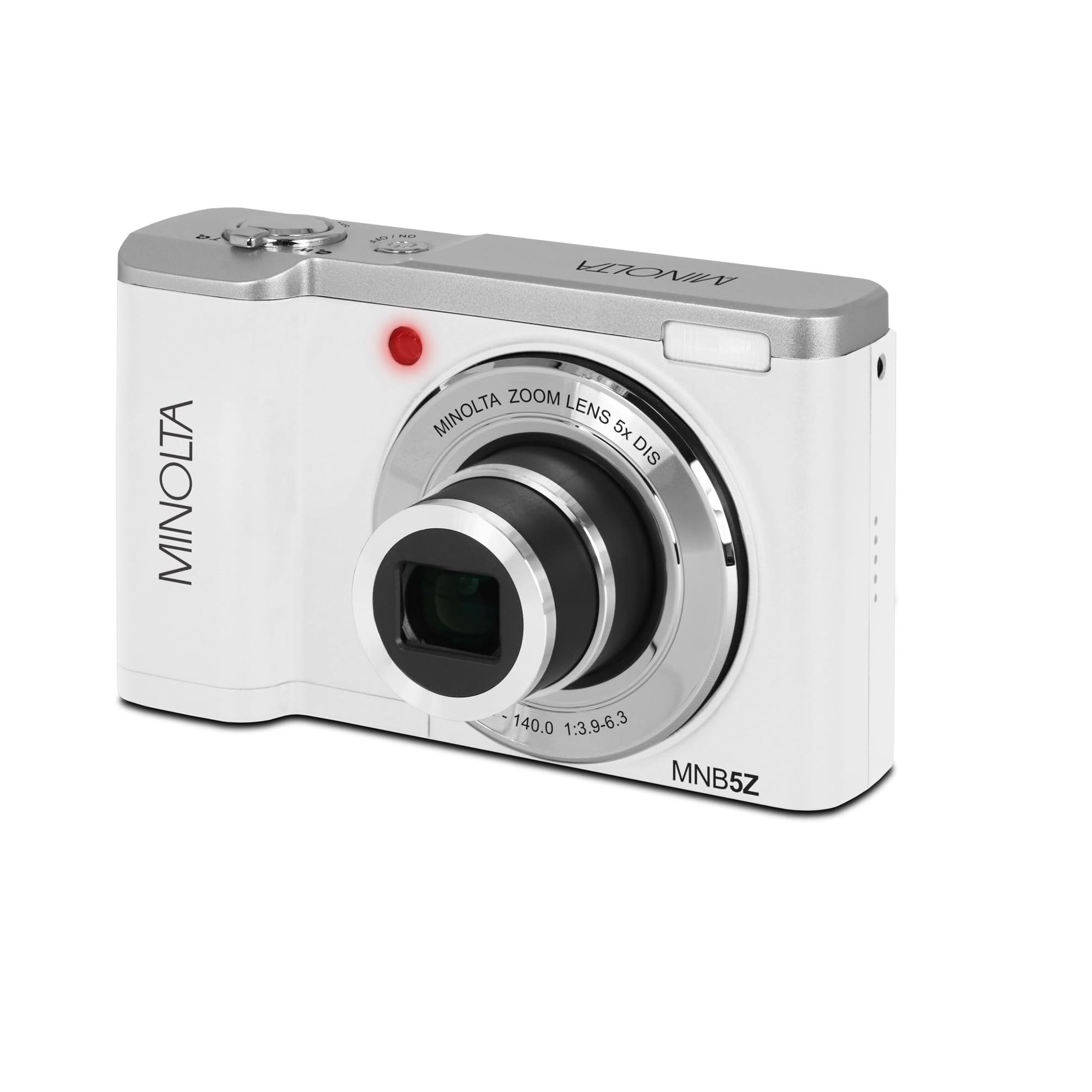 Minolta 56 Mega Pixels Dual Lens Point & Shoot Digital Camera with 5X Optical Zoom & 5K Ultra HD Video, White