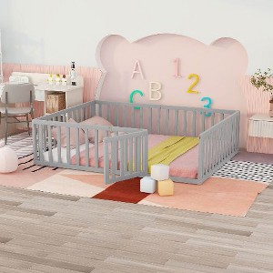 CAVINAS Twin Size Bed Frame, Wood Daybed Frame with Fence and Door, Floor Bed for Kids, Teens, Girls, Boys, Floor Platform Bed - 1 of 4