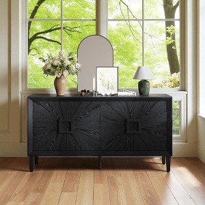 60'' Rustic Farmhouse Credenza, Antique Sunburst Door Buffet Sideboard, Vintage Wood Storage Cabinet TV Stand with Adjustable Shelves - 1 of 4