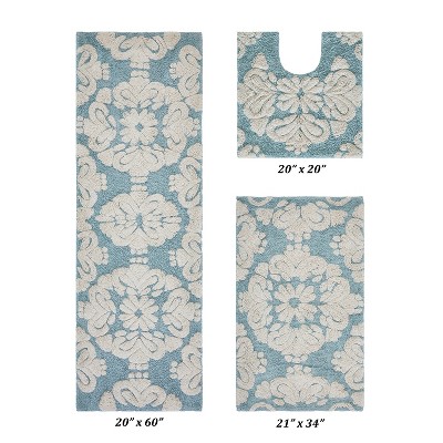 Blue and Natural Cotton Medallion Pattern Bath Rug Set