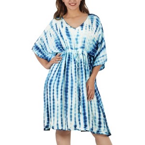 LA LEELA Women's House Daily Routine Evening Wear Vacation Casual Dailywear Holiday Relaxed Fit Caftan Short Loungewear 1X-2X Blue, Tie Dye Design - 1 of 4
