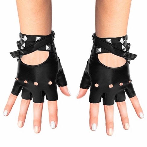 STUDDED LEATHER FINGERLESS GLOVES - Black