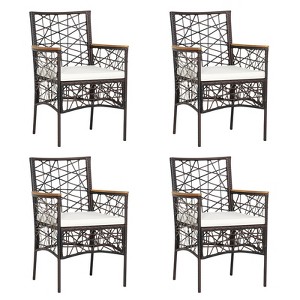 Tangkula Patio PE Rattan Dining Chairs Set of 2/4 Patio PE Wicker Armchairs with Removable Cushions and Acacia Wood Armrests - 1 of 4