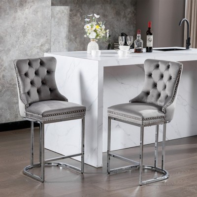 SKRAN 26" Mid Century Modern Velvet Counter Height Bar Stools Set of 2, With Metal Base Legs, Button Tufted And Nailheads Trim For Pub, Cafe
