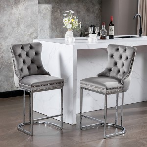 SKRAN 26" Mid Century Modern Velvet Counter Height Bar Stools Set of 2, With Metal Base Legs, Button Tufted And Nailheads Trim For Pub, Cafe - 1 of 4