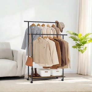 Garment Rack on Wheels, 38.8 Inch Double-Rod Rack for Clothes Hanging, with Shelf in Rustic Brown and Ink Black - 1 of 4