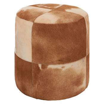 Wood and Leather Rustic Round Ottoman Brown - Olivia & May