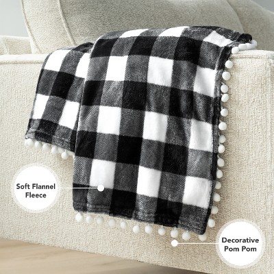 Pavilia Deluxe Checkered White Twin Fleece Throw with Pom Pom Fringe