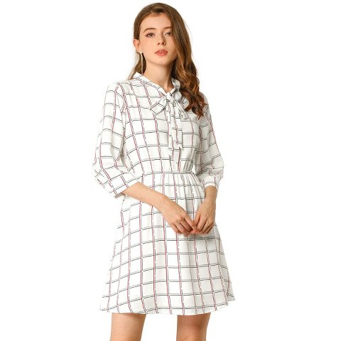 Женские платья INSPIRE CHIC Women's Plaid Tie Neck Puff Sleeve Dress White Medium