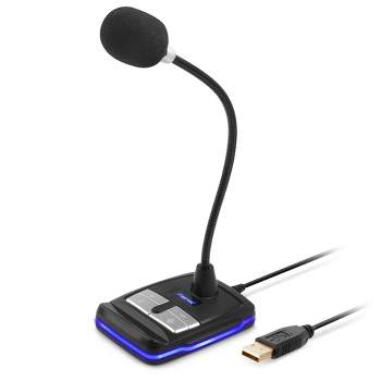 Insten Omnidirectional USB Microphone for Computer with Phone Stand, Adjustable Gooseneck, RGB Lighting, 3.5mm Headphone Output