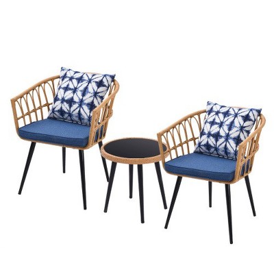 3Pcs Bistro Table Chair Set Of Heavy Duty 250lbs Wight Capacity, Wicker Set With 2 Chairs Tempered Glass Coffee Table, Conversation Furniture