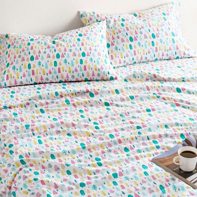 4 Pcs Ultra-Soft Novelty Printed Cotton Flannel Bedding Set, Premium Cozy Sheet Set for All Seasons, Queen / King Fitted Sheet, Flat Sheet