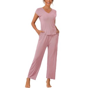 cheibear Women's Short Sleeve Top with Long Pants Modal Casual 2 Piece Loungewear Set - 1 of 4