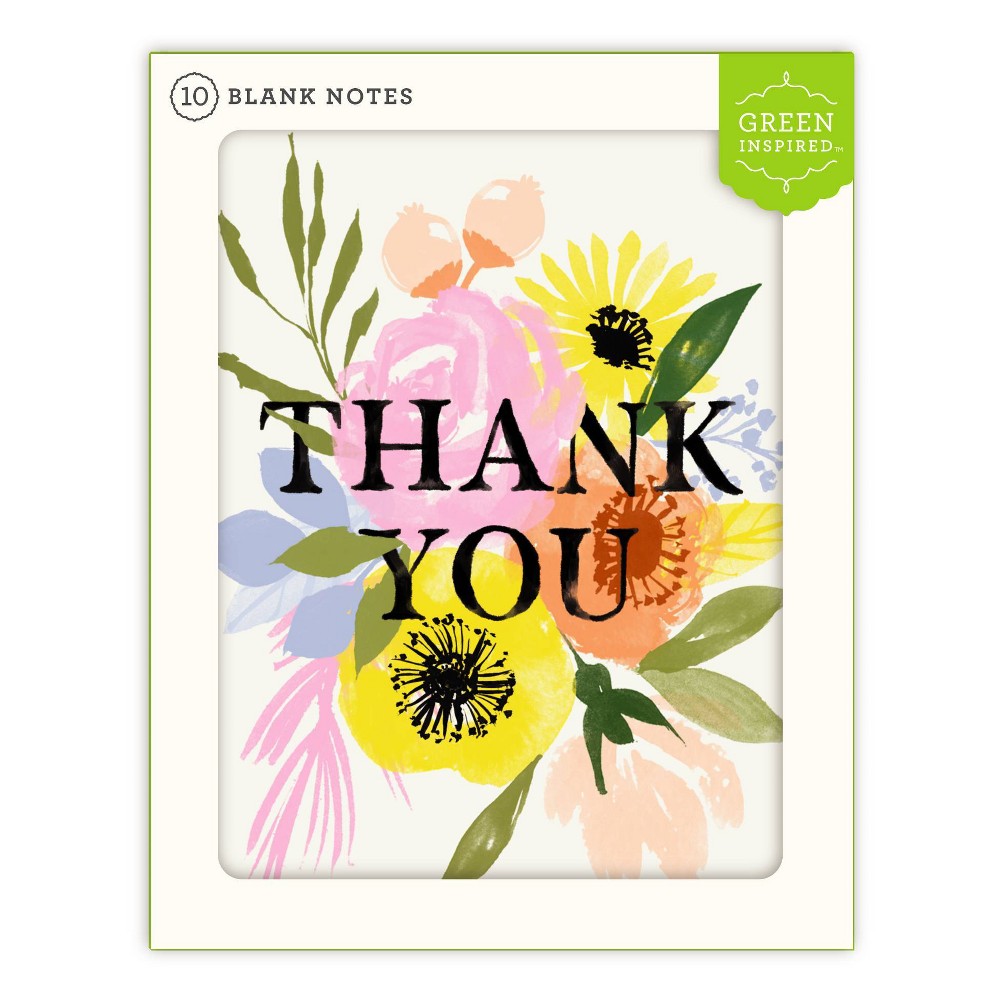 10ct Thank You Cards Flower Burst: Green Inspired Multicolor Floral Stationery with Envelopes, Botanical Design, Blank Inside