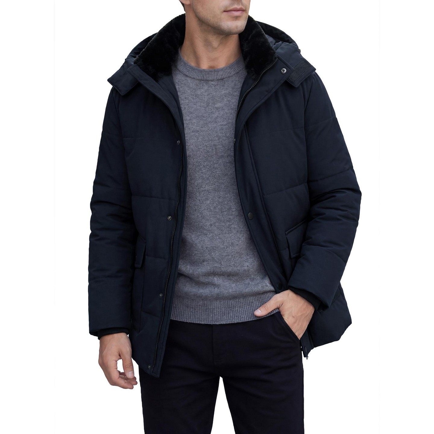 Мужская куртка INSPIRE CHIC Winter Long Sleeve Zip Outerwear Hooded Winter Jacket Coat Medium Navy Blue, цвет: Тёмно-синий — фото 1