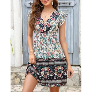 Coolmee Women's Boho Floral Mini Dress Casual Print Short Sleeve V Neck Summer Dress High Waisted Swing Ruffle Summer Dress - 1 of 4