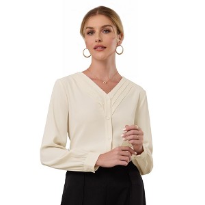 INSPIRE CHIC Women's Button Down Pleated V Neck Long Sleeve Business Casual Shirt - 1 of 4