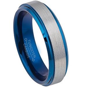 Jewelry Avalanche 6mm Stepped Beveled Blue & Gunmetal IP Tungsten Carbide Men Women Wedding Band - 1 of 4