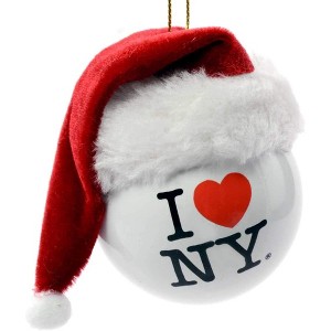 Kurt Adler Plastic Ornament for Christmas Tree, I Love NY Ball with Fabric Santa Hat, 3.5" - 1 of 1