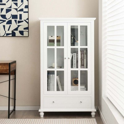 White Adjustable Wood Bookcase Cabinet with Glass Doors