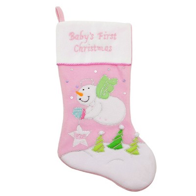 Northlight 20" Light Pink "Baby's First Christmas" Velveteen Snowman Angel Christmas Stocking