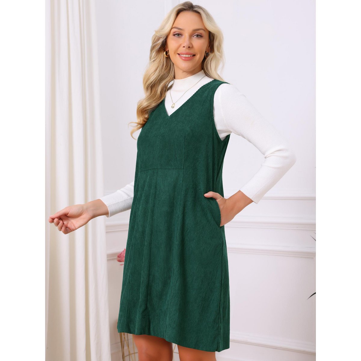 Женские платья INSPIRE CHIC Women's Corduroy Overall Dress 2026 V Neck Sleeveless A Line Casual Pinafore Dresses with Pockets X-Large Dark Green — фото 3