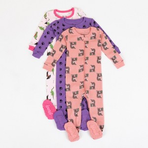 Leveret Girls Cotton Baby Footed Pajamas – 3 Pack – Pink Animal Friends Sleepers - 1 of 4