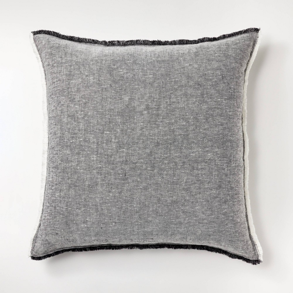 Oversized Reversible Linen Square Throw Pillow with Frayed Edges Black - Threshold™ designed with Studio McGee