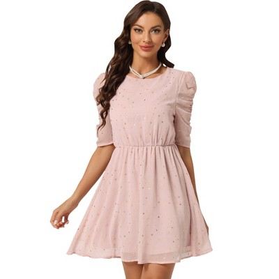 Allegra K Women's Shiny Metallic Stars Ruched Short Sleeve A-Line Mini Dress