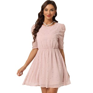 Allegra K Women's Shiny Metallic Stars Ruched Short Sleeve A-Line Mini Dress - 1 of 4