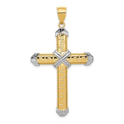 Black Bow Jewelry Men's 14k Yellow Gold & White Rhodium Greek Key Cross Pendant, 29x52mm