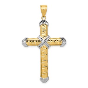 Black Bow Jewelry Men's 14k Yellow Gold & White Rhodium Greek Key Cross Pendant, 29x52mm - 1 of 4
