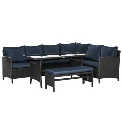 Outsunny 4 Pieces Patio Wicker Sofa Set, Outdoor PE Rattan Modern Furniture Set with Cushions & Dining Table, Bench for Garden, Backyard, Lawn