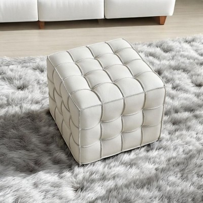 Alilang 17.32 inches Tufted Ottoman Pouf with Faux Leather Upholstery-Beige