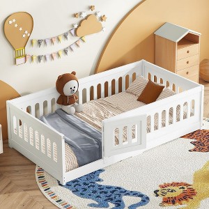 CAVINAS Twin/Full Size White Bed Frame with Heightened Guardrails,Solid Wood Floor Bed for Kids Room,Bedroom - 1 of 4