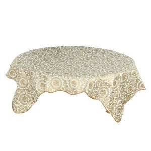 PiccoCasa Flower Printed Water Oil Resistant Vinyl Round Tablecloths Golden 71" Dia - 1 of 4