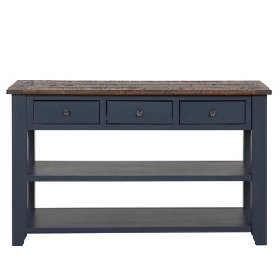 Hostack 48'' Solid Wood Top Console Table with 3 Storage Drawers and 2 Shelves, Blue