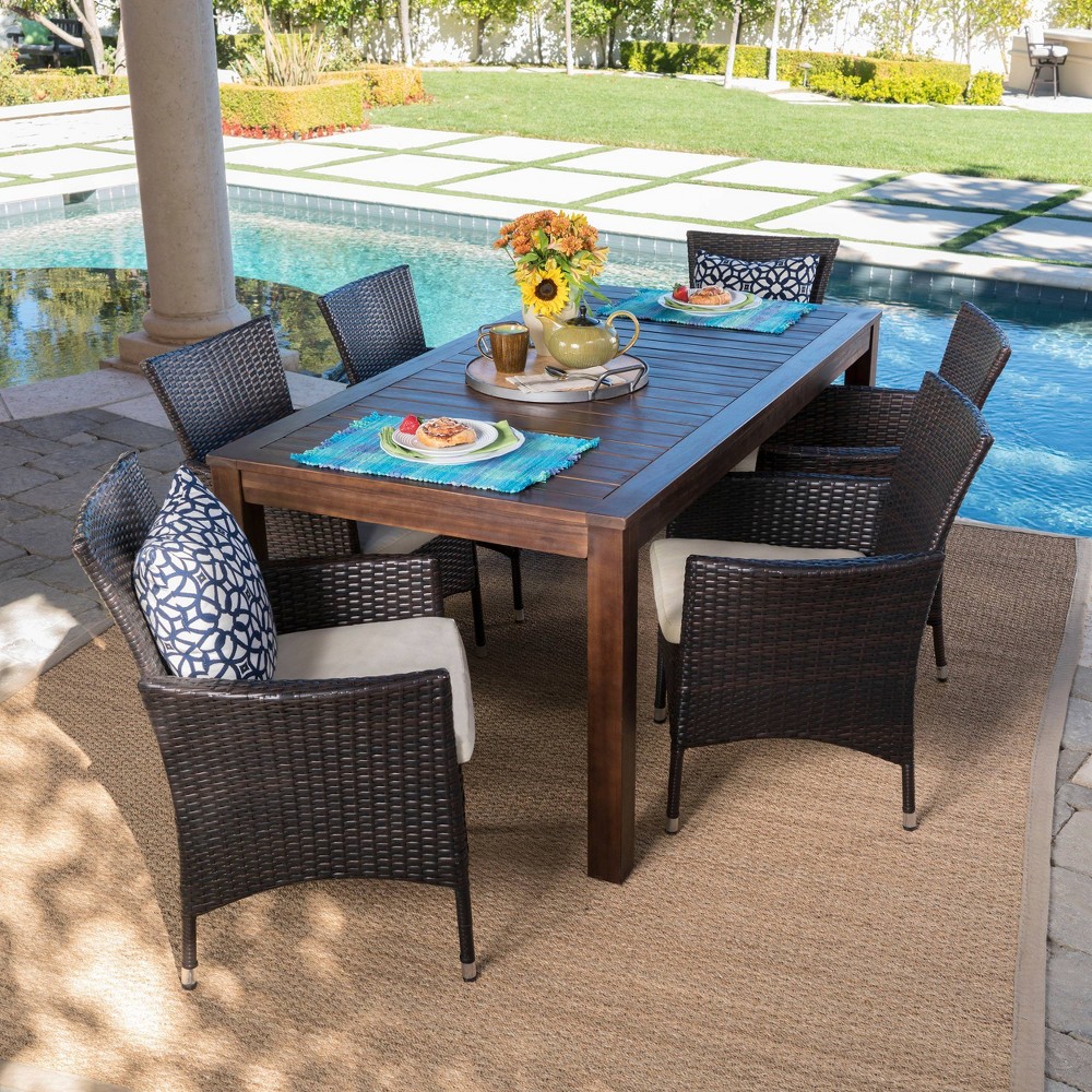 Lincoln 7pc Acacia Wood & Wicker Patio Dining Set - Dark Brown - Christopher Knight Home -  76471152