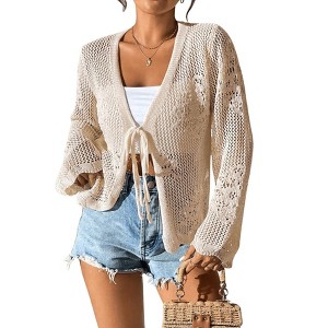 Womens Crochet Lace Cardigan Front Tie Lightweight Cover Ups Long Sleeve Hollow Out Cardigan Beach Cover Ups Crochet Tops for Summer - 1 of 4