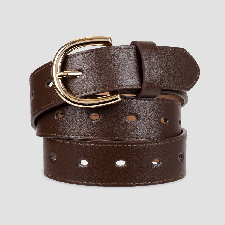 A brown colored belt with a gold colored buckle and multiple holes.