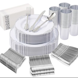 ChicFurnit Dining Plates 350 PCS Plastic Plates Accessories Decorative Dinner Plate Dinnerware Sets for Party Use, Silver, 16.34"*7.48"*10.24" - 1 of 4