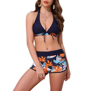 Elerevyo Women's Leaf Print Color Block Bikini Sets, Halter Top Boyshorts Bottom Swimwear Bathing Suits 1 Set - 1 of 4